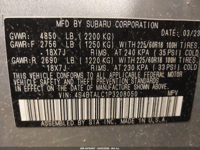 Aukcja sprzedaży 2023 Subaru Outback Onyx Edition, vin: 4S4BTALC1P3208050, numer aukcji: 44764407