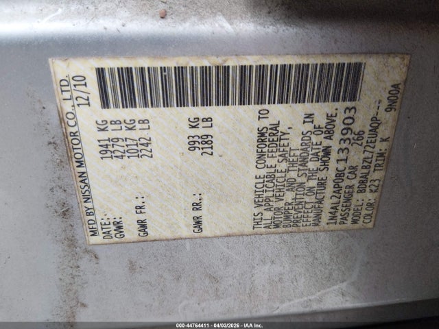 2011 Nissan Altima 2.5 S მანქანა იყიდება აუქციონზე, vin: 1N4AL2AP0BC133903, აუქციონის ნომერი: 44764411