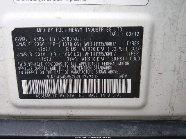 Aukcja sprzedaży 2012 Subaru Outback 2.5i Premium, vin: 4S4BRBCC2C3272418, numer aukcji: 44764413
