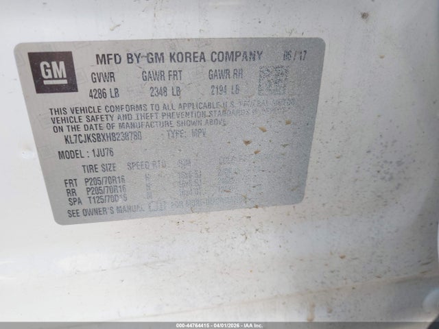 44764415 :رقم المزاد ، KL7CJKSBXHB238780 vin ، 2017 Chevrolet Trax Ls مزاد بيع