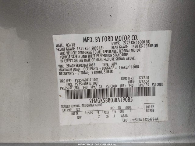 44764423 :رقم المزاد ، 2FMGK5B80JBA19085 vin ، 2018 Ford Flex Se مزاد بيع