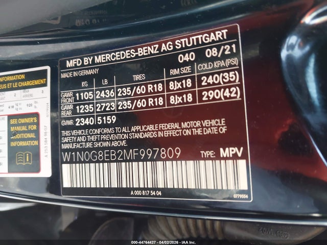 44764427 :رقم المزاد ، W1N0G8EB2MF997809 vin ، 2021 Mercedes-benz Glc 300 4matic Suv مزاد بيع
