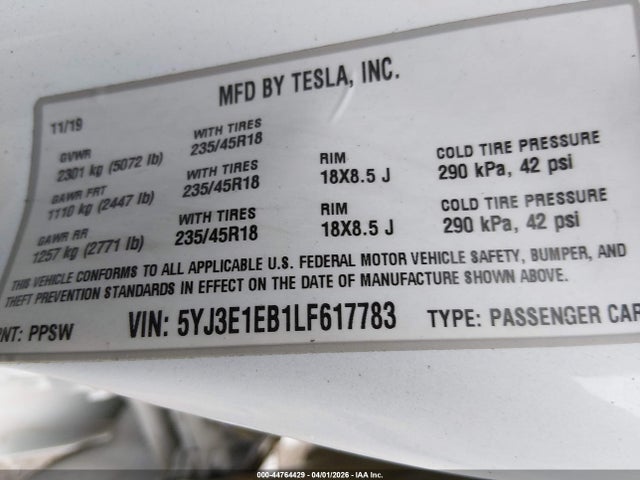 44764429 :رقم المزاد ، 5YJ3E1EB1LF617783 vin ، 2020 Tesla Model 3 Long Range Dual Motor All-wheel Drive مزاد بيع