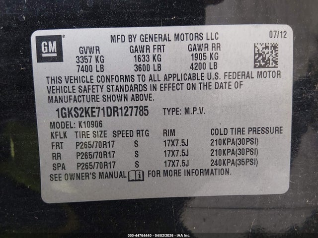 44764440 :رقم المزاد ، 1GKS2KE71DR127785 vin ، 2013 Gmc Yukon Xl 1500 Slt مزاد بيع