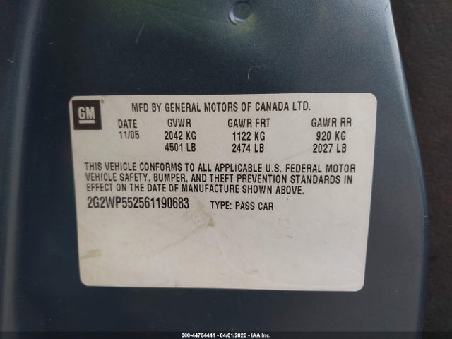 Aukcja sprzedaży 2006 Pontiac Grand Prix, vin: 2G2WP552561190683, numer aukcji: 44764441