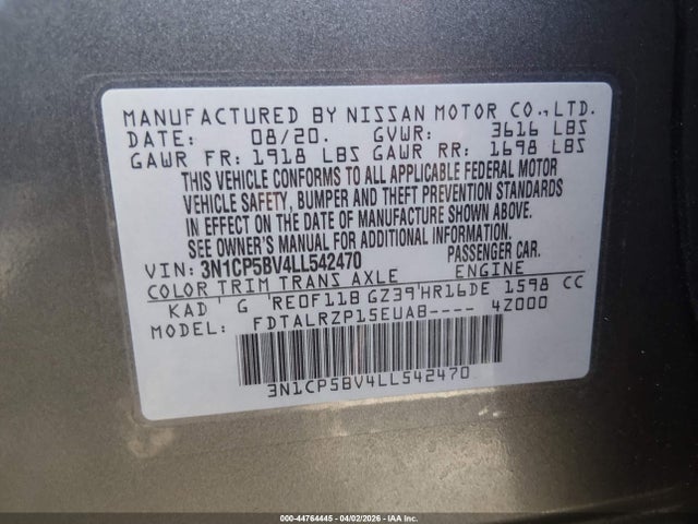 2020 Nissan Kicks S Xtronic Cvt მანქანა იყიდება აუქციონზე, vin: 3N1CP5BV4LL542470, აუქციონის ნომერი: 44764445