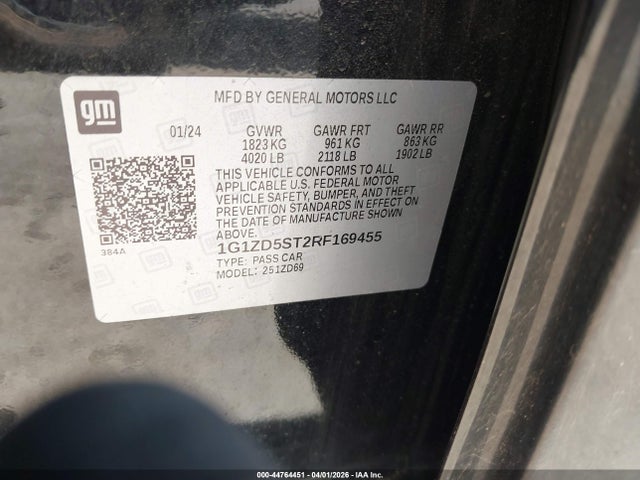 Продаж на аукціоні авто 2024 Chevrolet Malibu Fwd 1lt, vin: 1G1ZD5ST2RF169455, номер лоту: 44764451
