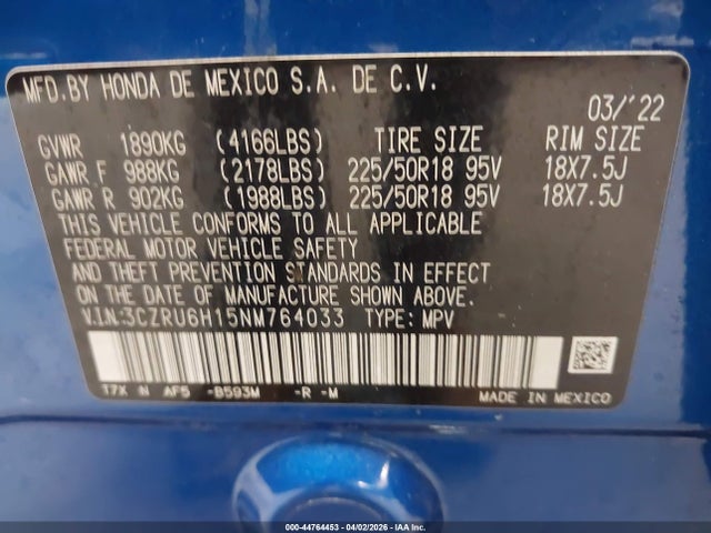2022 Honda Hr-v Awd Sport მანქანა იყიდება აუქციონზე, vin: 3CZRU6H15NM764033, აუქციონის ნომერი: 44764453