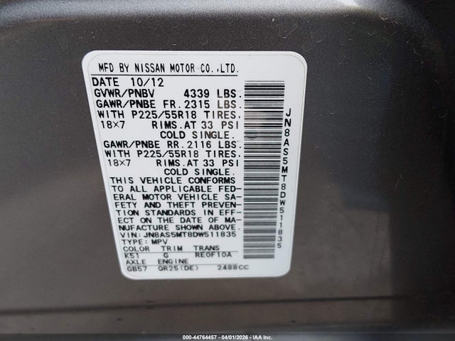 Aukcja sprzedaży 2013 Nissan Rogue Sv W/sl Pkg, vin: JN8AS5MT8DW511835, numer aukcji: 44764457