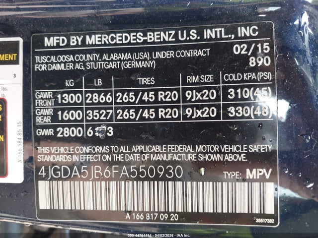 44764464 :رقم المزاد ، 4JGDA5JB6FA550930 vin ، 2015 Mercedes-benz Ml 350 مزاد بيع