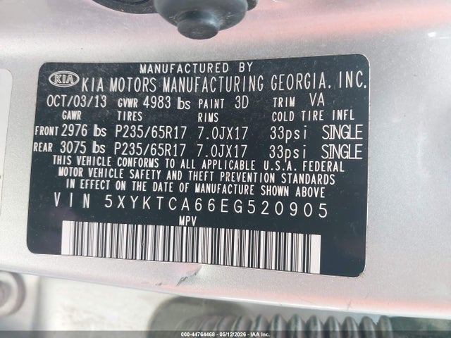 44764468 :رقم المزاد ، 5XYKTCA66EG520905 vin ، 2014 Kia Sorento Lx مزاد بيع