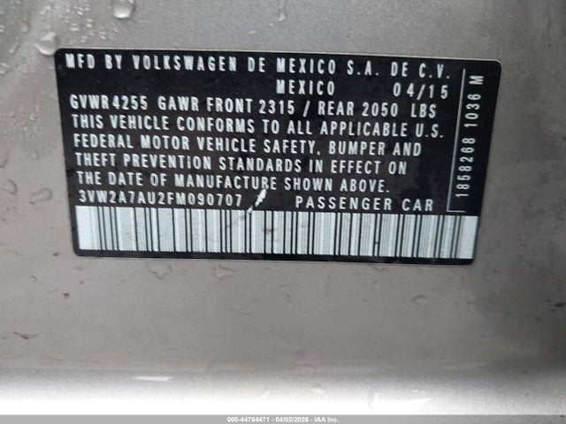 2015 Volkswagen Golf Tdi S 4-door მანქანა იყიდება აუქციონზე, vin: 3VW2A7AU2FM090707, აუქციონის ნომერი: 44764471