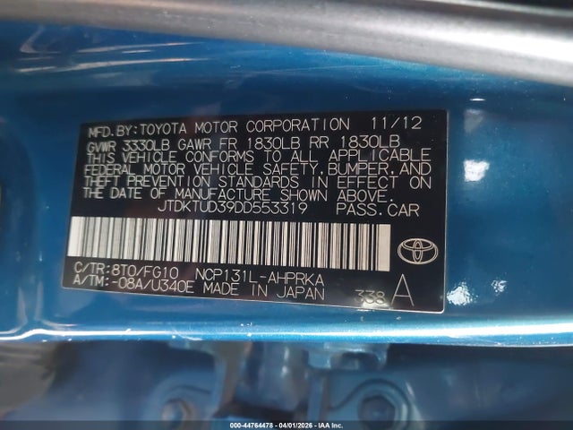 2013 Toyota Yaris Le მანქანა იყიდება აუქციონზე, vin: JTDKTUD39DD553319, აუქციონის ნომერი: 44764478
