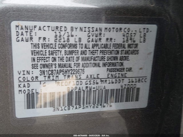 Aukcja sprzedaży 2017 Nissan Sentra Sr Turbo, vin: 3N1CB7AP5HY229676, numer aukcji: 44764480