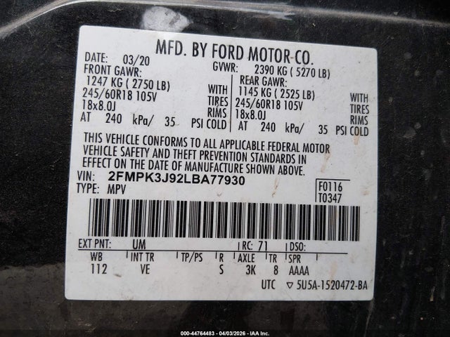 Ford EDGE SEL 2020 2FMPK3J92LBA77930 Image 9