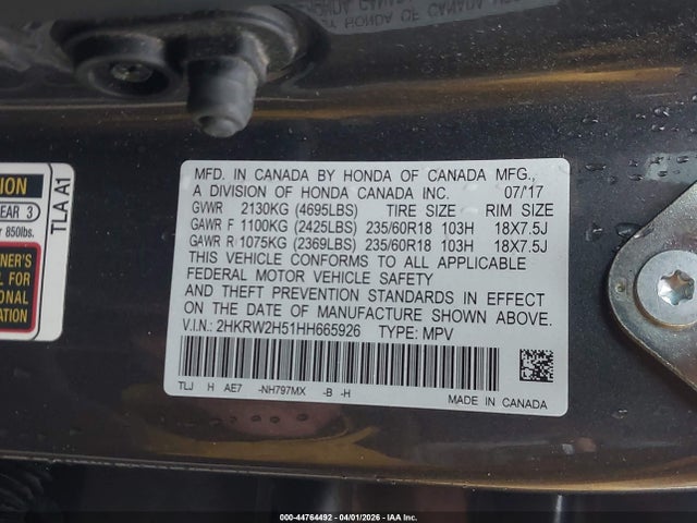 44764492 :رقم المزاد ، 2HKRW2H51HH665926 vin ، 2017 Honda Cr-v Ex مزاد بيع