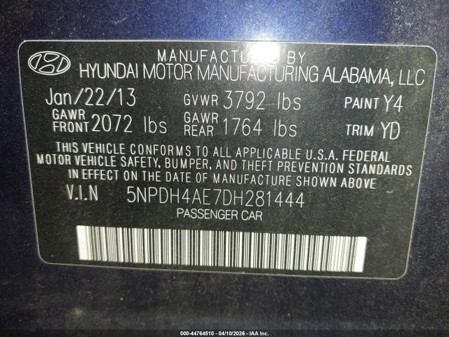 Продажа на аукционе авто 2013 Hyundai Elantra Gls, vin: 5NPDH4AE7DH281444, номер лота: 44764510