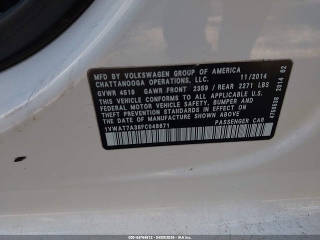 Продаж на аукціоні авто 2015 Volkswagen Passat 1.8t Wolfsburg Edition, vin: 1VWAT7A38FC048671, номер лоту: 44764512