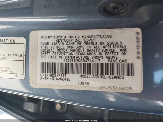 2003 Toyota Camry Le მანქანა იყიდება აუქციონზე, vin: 4T1BE32K93U744117, აუქციონის ნომერი: 44764525