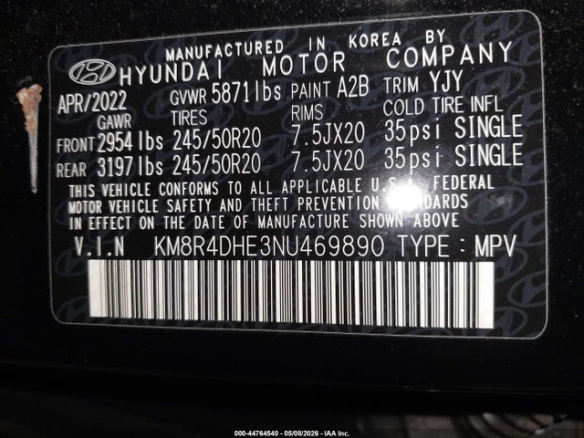 Продажа на аукционе авто 2022 Hyundai Palisade Sel, vin: KM8R4DHE3NU469890, номер лота: 44764540