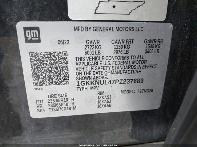 44764549 :رقم المزاد ، 1GKKNUL47PZ237689 vin ، 2023 Gmc Acadia Awd Slt مزاد بيع
