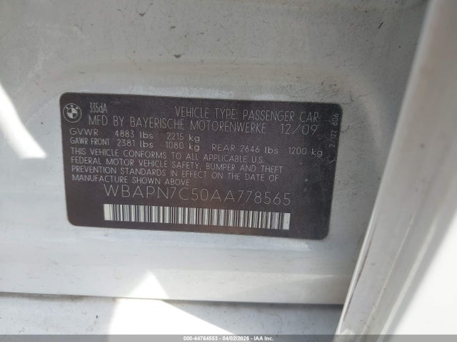 Продаж на аукціоні авто 2010 Bmw 335d, vin: WBAPN7C50AA778565, номер лоту: 44764553