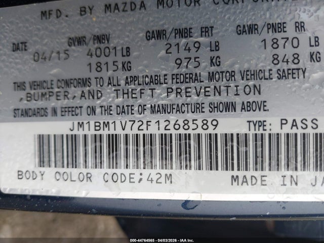 2015 Mazda Mazda3 I Touring მანქანა იყიდება აუქციონზე, vin: JM1BM1V72F1268589, აუქციონის ნომერი: 44764565