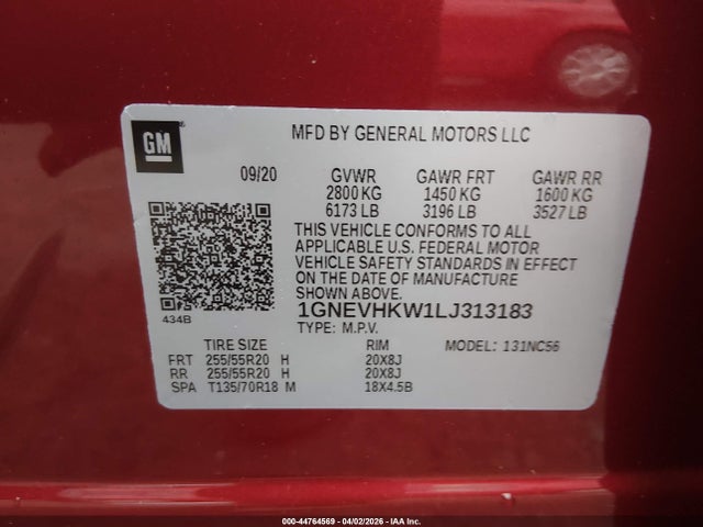 44764569 :رقم المزاد ، 1GNEVHKW1LJ313183 vin ، 2020 Chevrolet Traverse Awd Lt Leather مزاد بيع