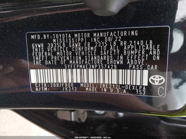 Продажа на аукционе авто 2022 Toyota Corolla Le, vin: 5YFEPMAE3NP357429, номер лота: 44764571