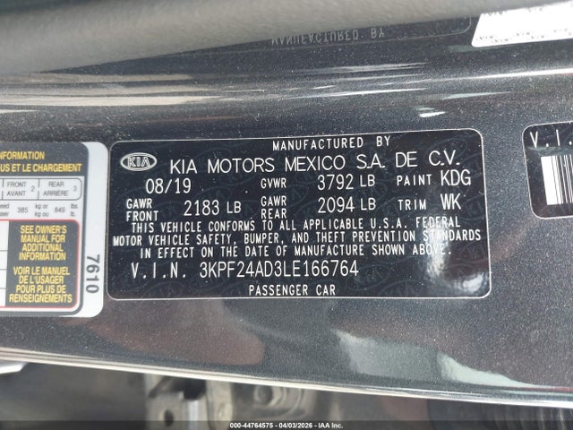 2020 Kia Forte Lxs მანქანა იყიდება აუქციონზე, vin: 3KPF24AD3LE166764, აუქციონის ნომერი: 44764575