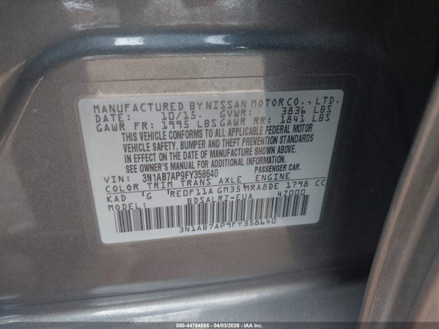 Продажа на аукционе авто 2015 Nissan Sentra Sr, vin: 3N1AB7AP9FY358640, номер лота: 44764585