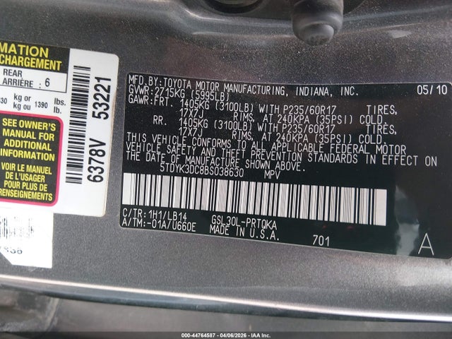 Aukcja sprzedaży 2011 Toyota Sienna Xle V6, vin: 5TDYK3DC8BS038630, numer aukcji: 44764587