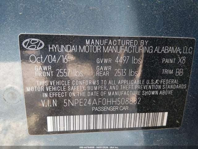 Aukcja sprzedaży 2017 Hyundai Sonata Se, vin: 5NPE24AF0HH508882, numer aukcji: 44764589