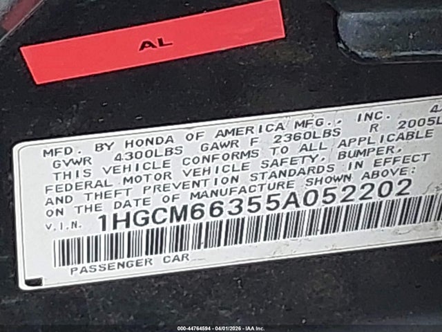 Aukcja sprzedaży 2005 Honda Accord 3.0 Lx, vin: 1HGCM66355A052202, numer aukcji: 44764594
