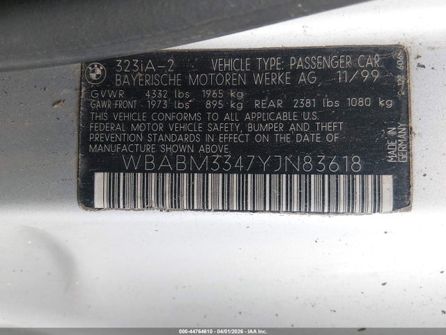 44764610 :رقم المزاد ، WBABM3347YJN83618 vin ، 2000 Bmw 323ci مزاد بيع