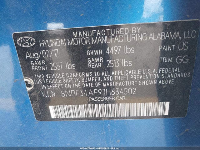 5NPE34AF9JH634502 Hyundai SONATA SEL