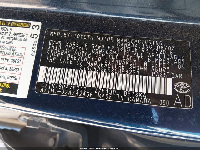 2008 TOYOTA COROLLA 2T1BR32E58C898251 Photo 8