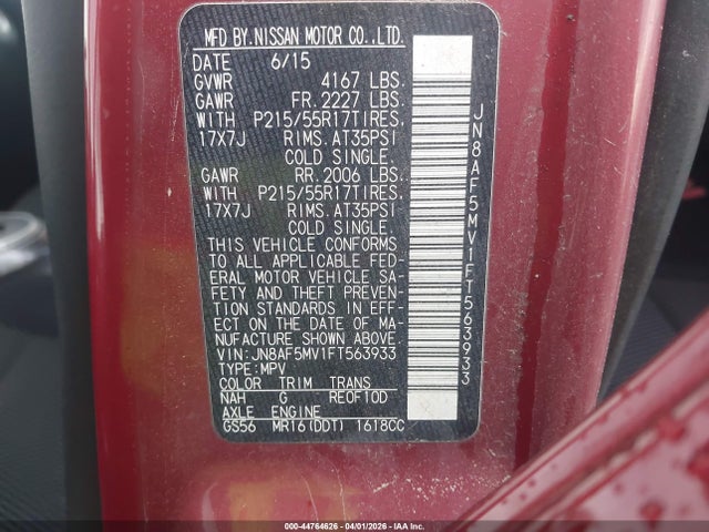 44764626 :رقم المزاد ، JN8AF5MV1FT563933 vin ، 2015 Nissan Juke S مزاد بيع