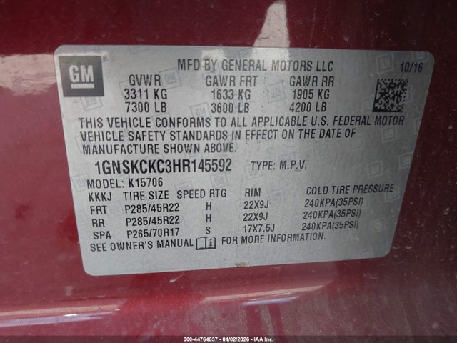 Продаж на аукціоні авто 2017 Chevrolet Tahoe Premier, vin: 1GNSKCKC3HR145592, номер лоту: 44764637