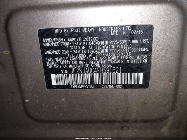 2015 Subaru Forester 2.5i Premium მანქანა იყიდება აუქციონზე, vin: JF2SJAGC4FH591621, აუქციონის ნომერი: 44764662