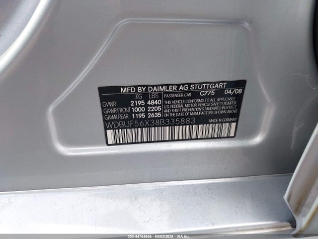 2008 Mercedes-benz E 350 მანქანა იყიდება აუქციონზე, vin: WDBUF56X38B335883, აუქციონის ნომერი: 44764666
