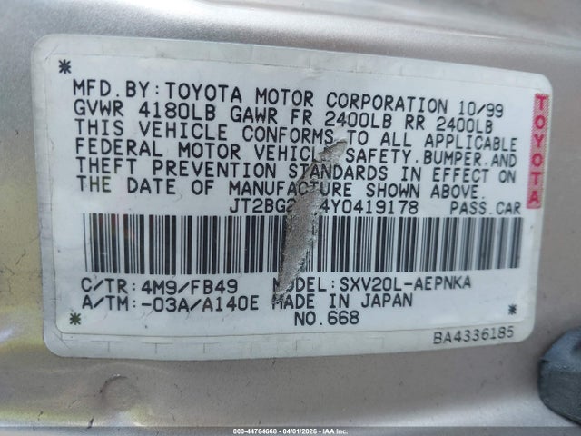 Aukcja sprzedaży 2000 Toyota Camry Le, vin: JT2BG22K4Y0419178, numer aukcji: 44764668