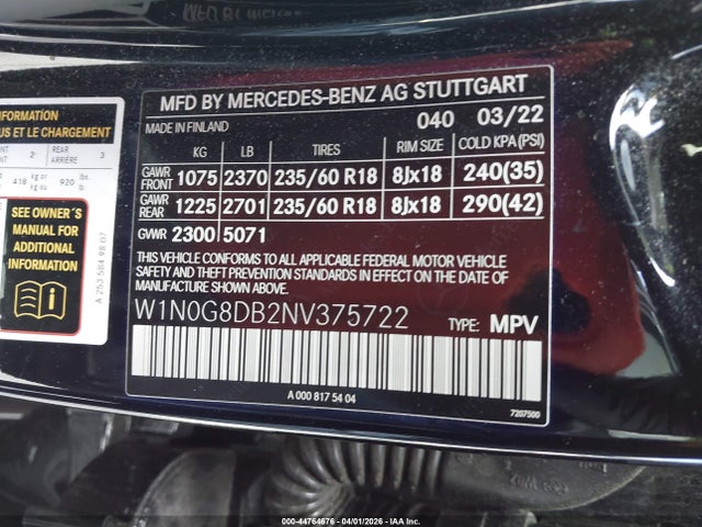 Aukcja sprzedaży 2022 Mercedes-benz Glc 300 Suv, vin: W1N0G8DB2NV375722, numer aukcji: 44764676