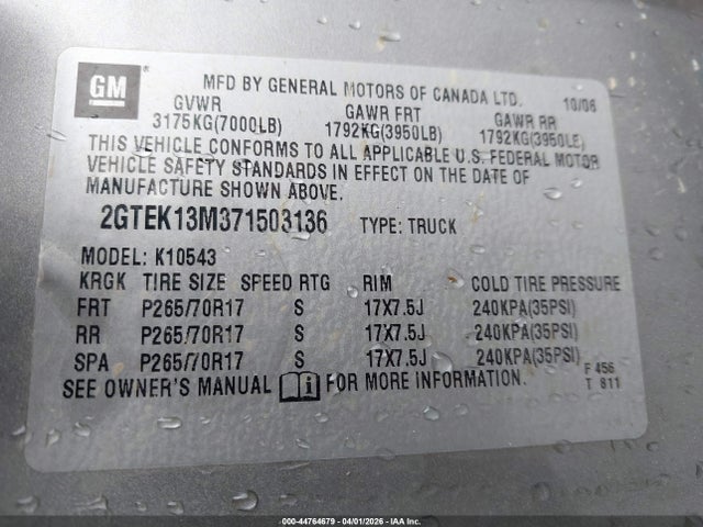 Aukcja sprzedaży 2007 Gmc Sierra 1500 Sle2, vin: 2GTEK13M371503136, numer aukcji: 44764679