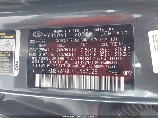 44764687 :رقم المزاد ، KM8R24GE7PU547128 vin ، 2023 Hyundai Palisade Sel مزاد بيع