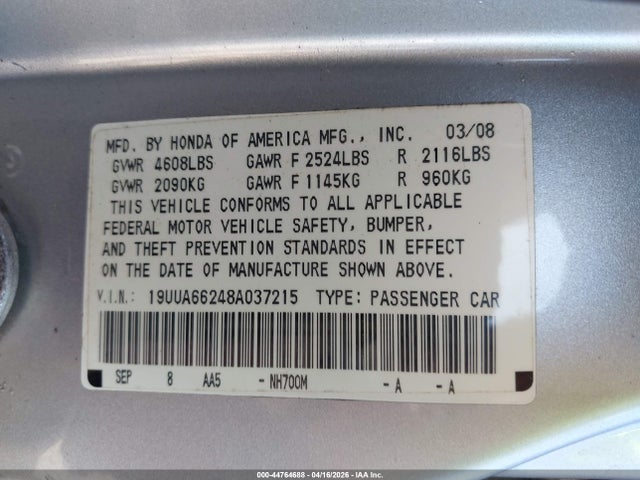 44764688 :رقم المزاد ، 19UUA66248A037215 vin ، 2008 Acura Tl 3.2 مزاد بيع