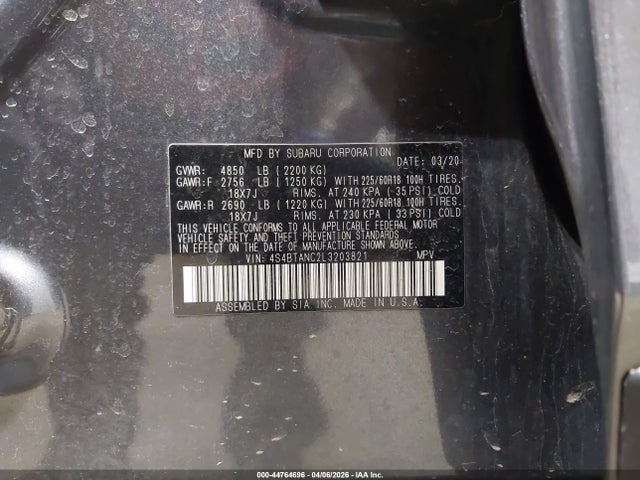 2020 Subaru Outback Limited მანქანა იყიდება აუქციონზე, vin: 4S4BTANC2L3203821, აუქციონის ნომერი: 44764696