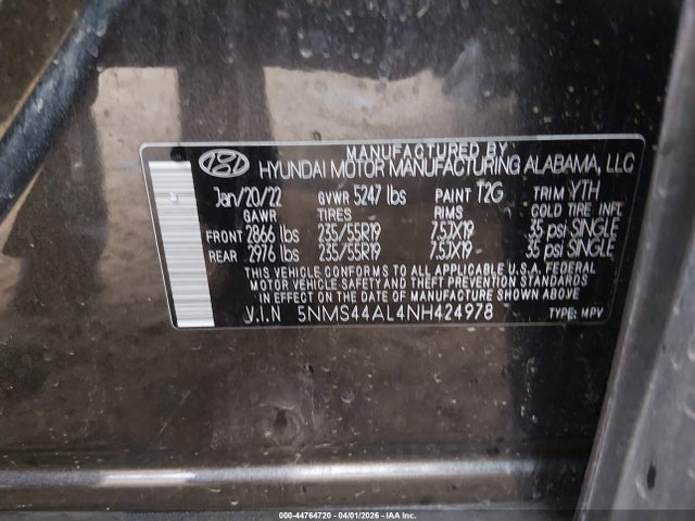 44764720 :رقم المزاد ، 5NMS44AL4NH424978 vin ، 2022 Hyundai Santa Fe Limited مزاد بيع