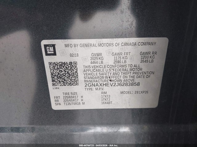 44764723 :رقم المزاد ، 2GNAXHEV2J6283858 vin ، 2018 Chevrolet Equinox Ls مزاد بيع