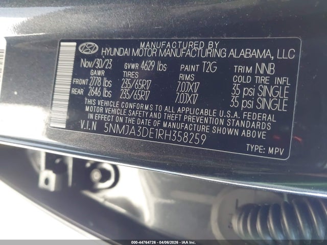 Auction sale of the 2024 Hyundai Tucson Se, vin: 5NMJA3DE1RH358259, lot number: 44764726
